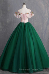 Green Off the Shoulder Floor Length Semi Formal Prom Dress with Appliques, Puffy Quinceanera Dress